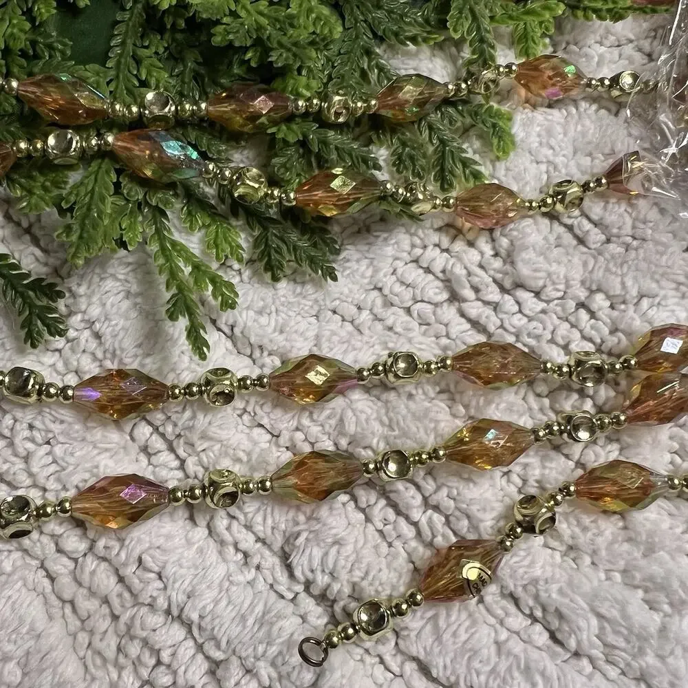 Amber Gold Iridescent Faceted Beaded Garland 24’ (Set of 2, Each 12’) Christmas